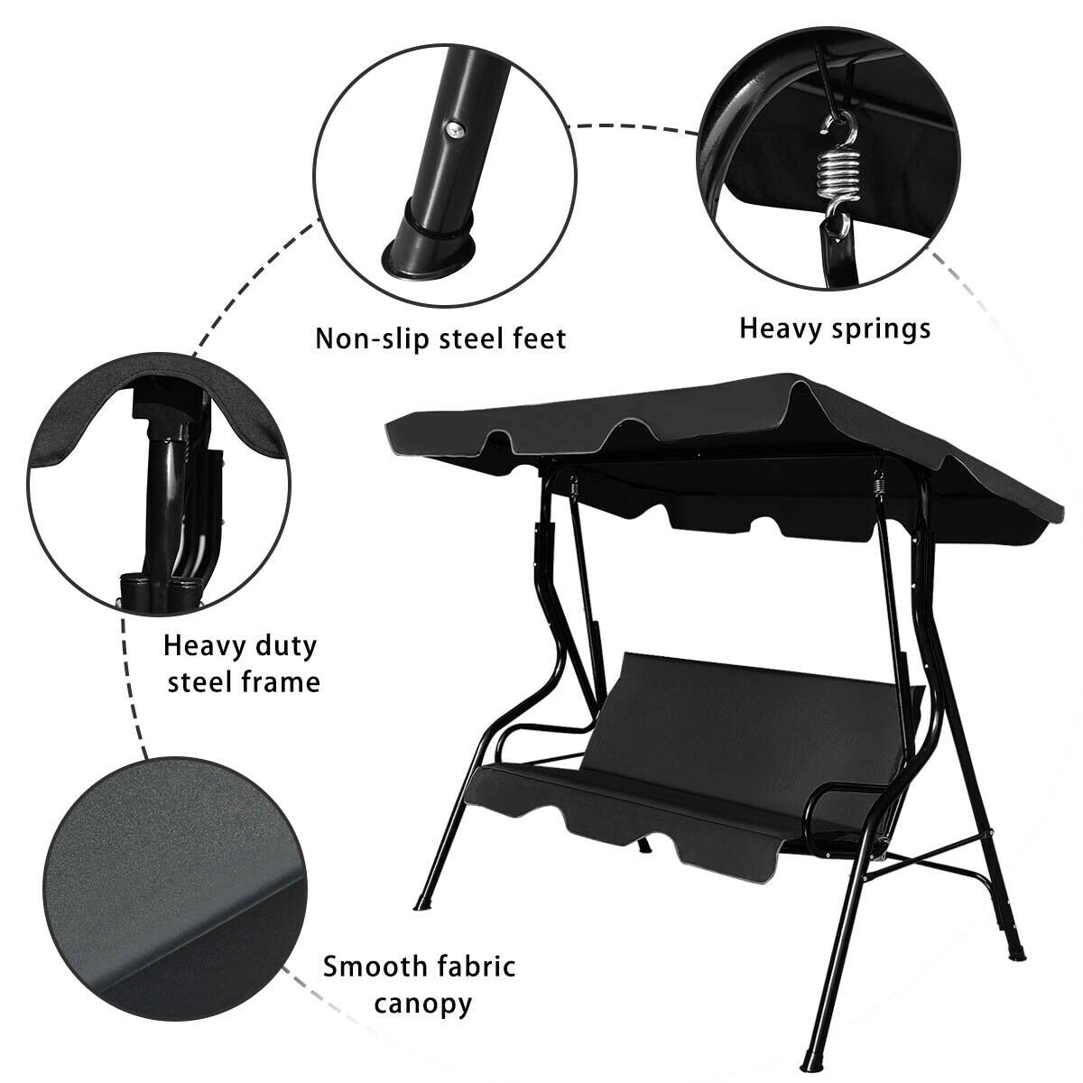 Garden Patio Metal Swing 3 Seater Lounger-Black