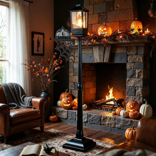 155 cm Halloween Lamp Post Sound-Activated with Black Snowy Effects-Black