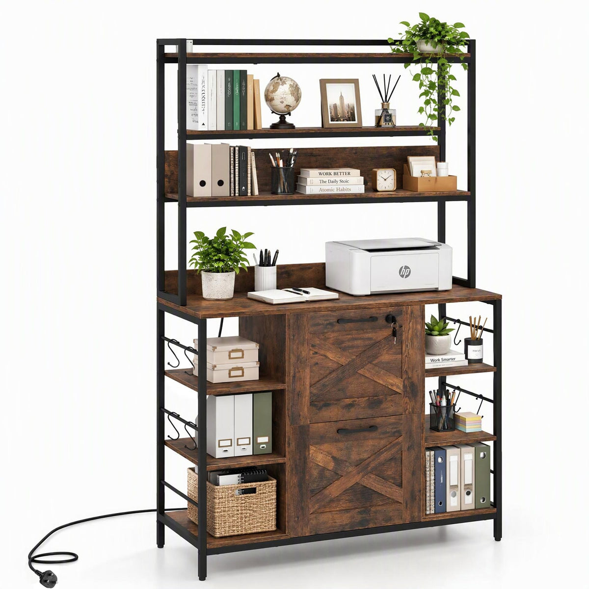 156 CM Tall File Cabinet with Charging Station Bookshelf and Looks Large Printer Stand-Rustic Brown