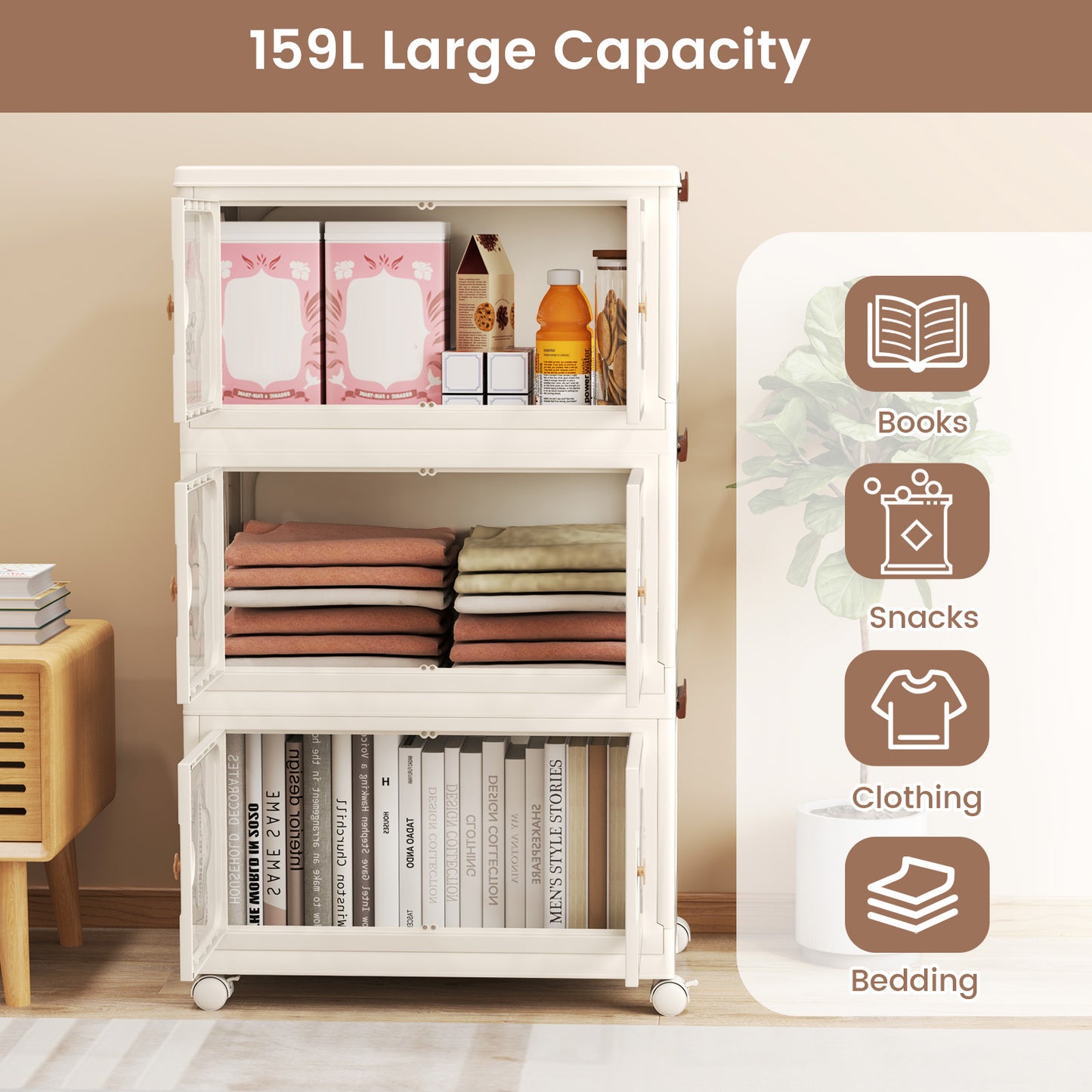 Stackable Storage Containers with Wheels and Lit-White-3-Tier
