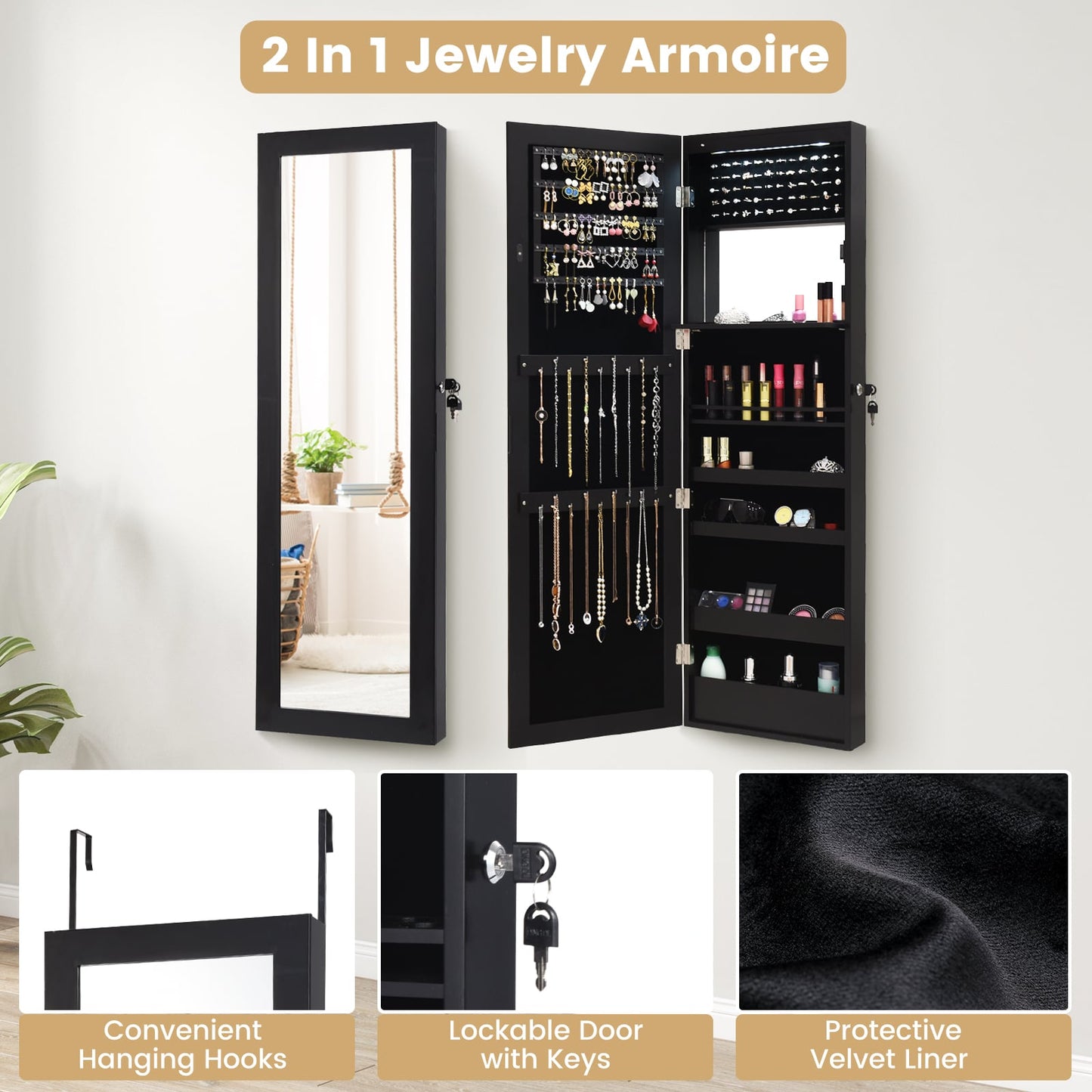 120cm Full Length Lockable Mirror Jewelry Cabinet with 15 LEDs-Black