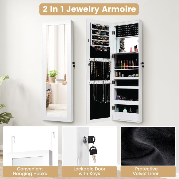 120cm Full Length Lockable Mirror Jewelry Cabinet with 15 LEDs-White