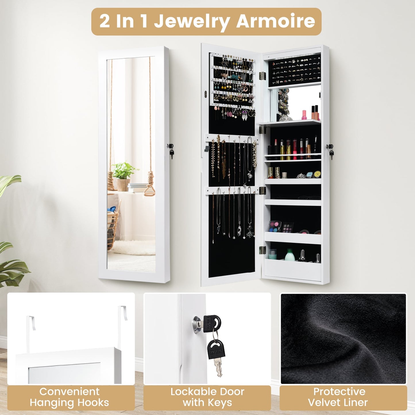 120cm Full Length Lockable Mirror Jewelry Cabinet with 15 LEDs-White