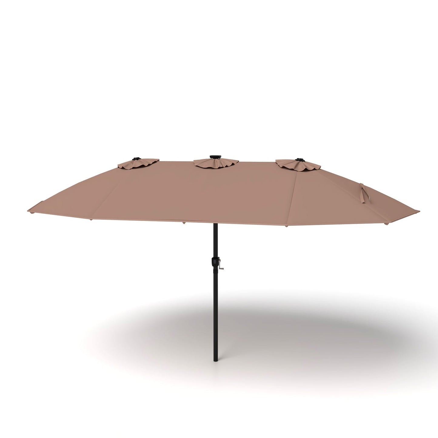 15ft Double-Sided Patio Umbrella with 144 Solar LED Lights Crank Handle No Base-Brown