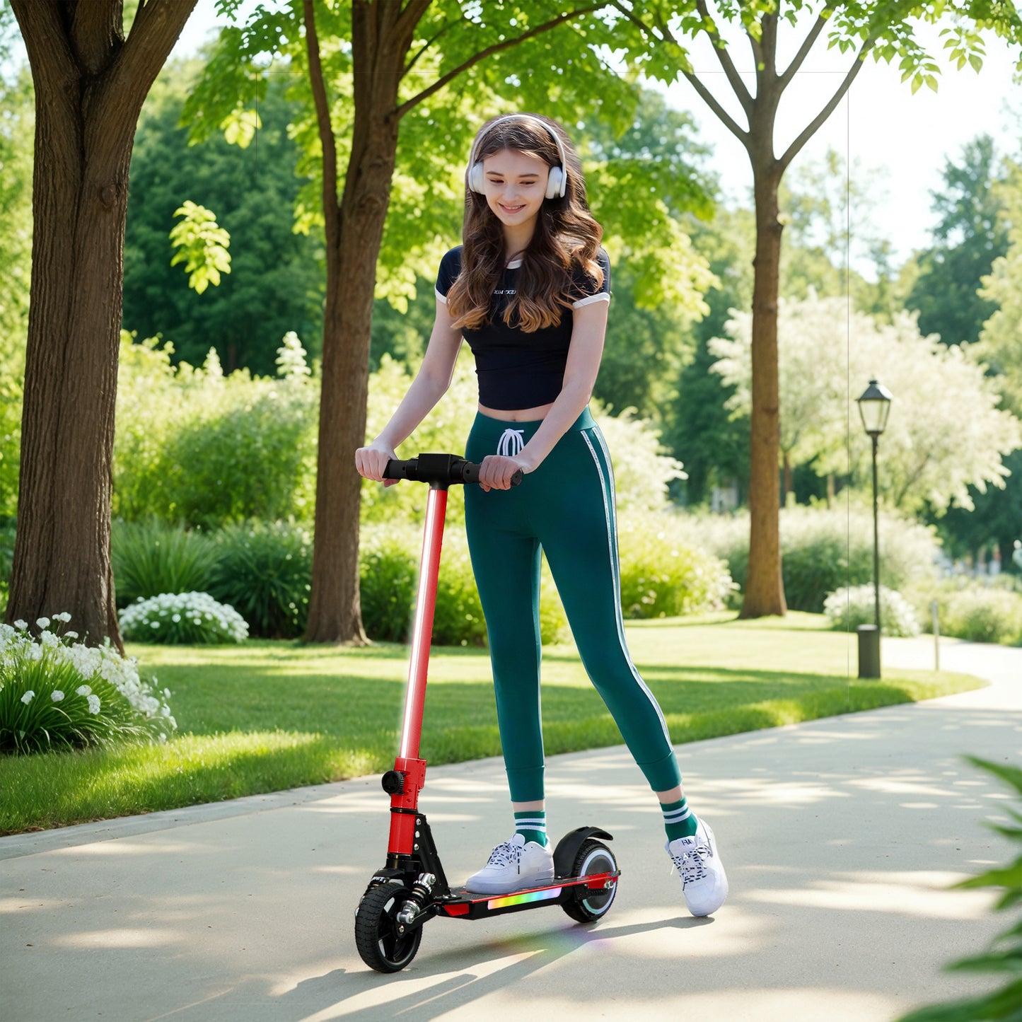 SPORTNOW Folding Electric Scooter for Kids, with Dual Brakes, Front Suspension, LED Colourful Lights, Red