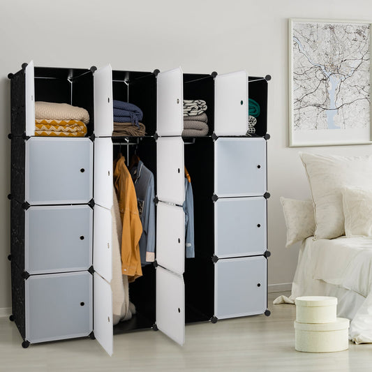 16 Cube Cabinet Storage Organizer with 2 Clothes Hanging Rails -Black & White