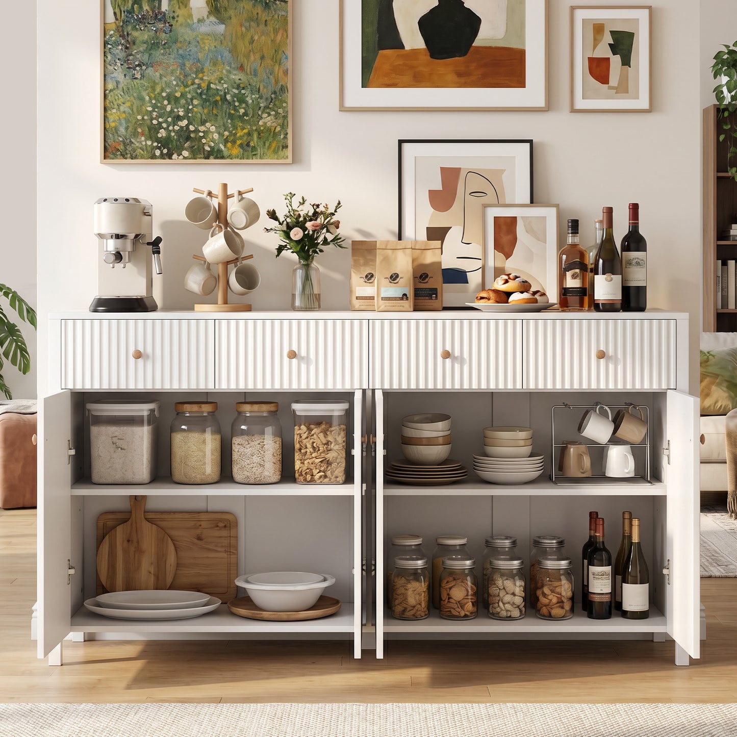 160 cm Sideboard Buffet Cabinet Fluted Large 4-Door Storage Organizer with 4 Drawers-White