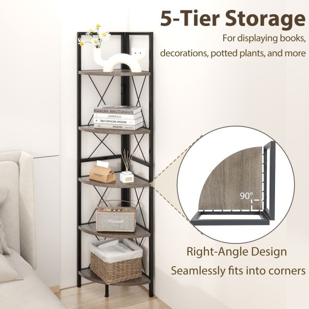 Corner shelf with 5 levels 160 cm high bookcase wooden standing shelf with metal frame oak grey
