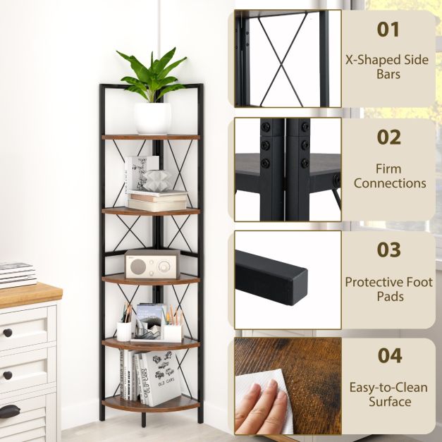 5-Tier Corner Bookshelf Stand with Metal Frame-Rustic Brown
