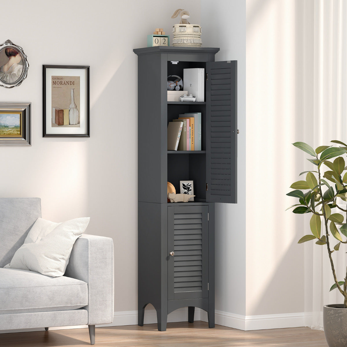 Freestanding Tall Bathroom Floor Cabinet with Adjustable Shelf and 2 Doors-Light Grey