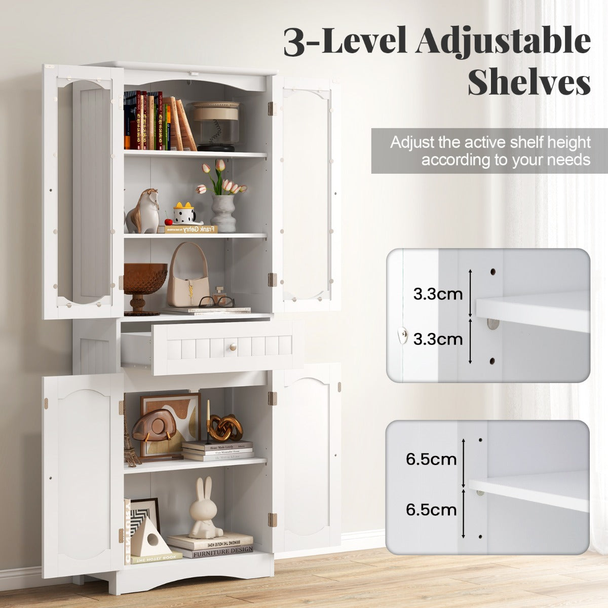 160cm Freestanding Linen Tall Bathroom Storage Cabinet with 2 Glass Doors-White