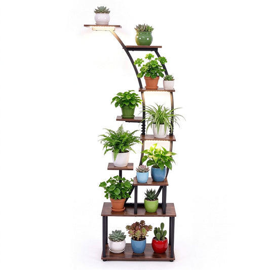 161 cm 9-Tier Plant Stand Indoor with Light Remote and 16 Static Colors-Rustic Brown