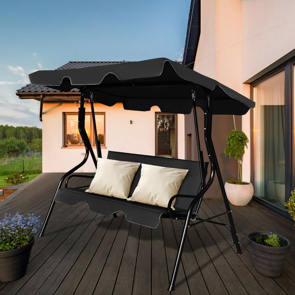 Garden Patio Metal Swing 3 Seater Lounger-Black