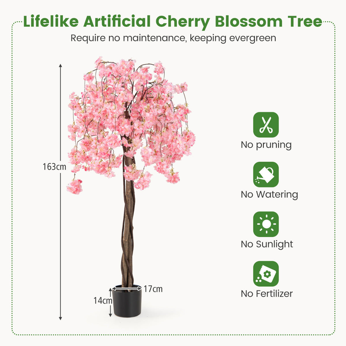 163CM Tall Artificial Cherry Blossom Tree with Flowers-Pink