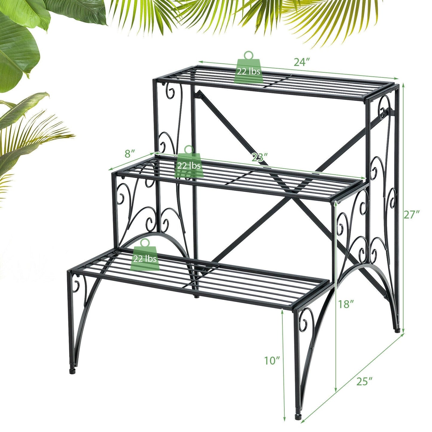 3 Tier Stair Style Metal Plant Stand Garden Shelf Flower Pot Display Rack-Black
