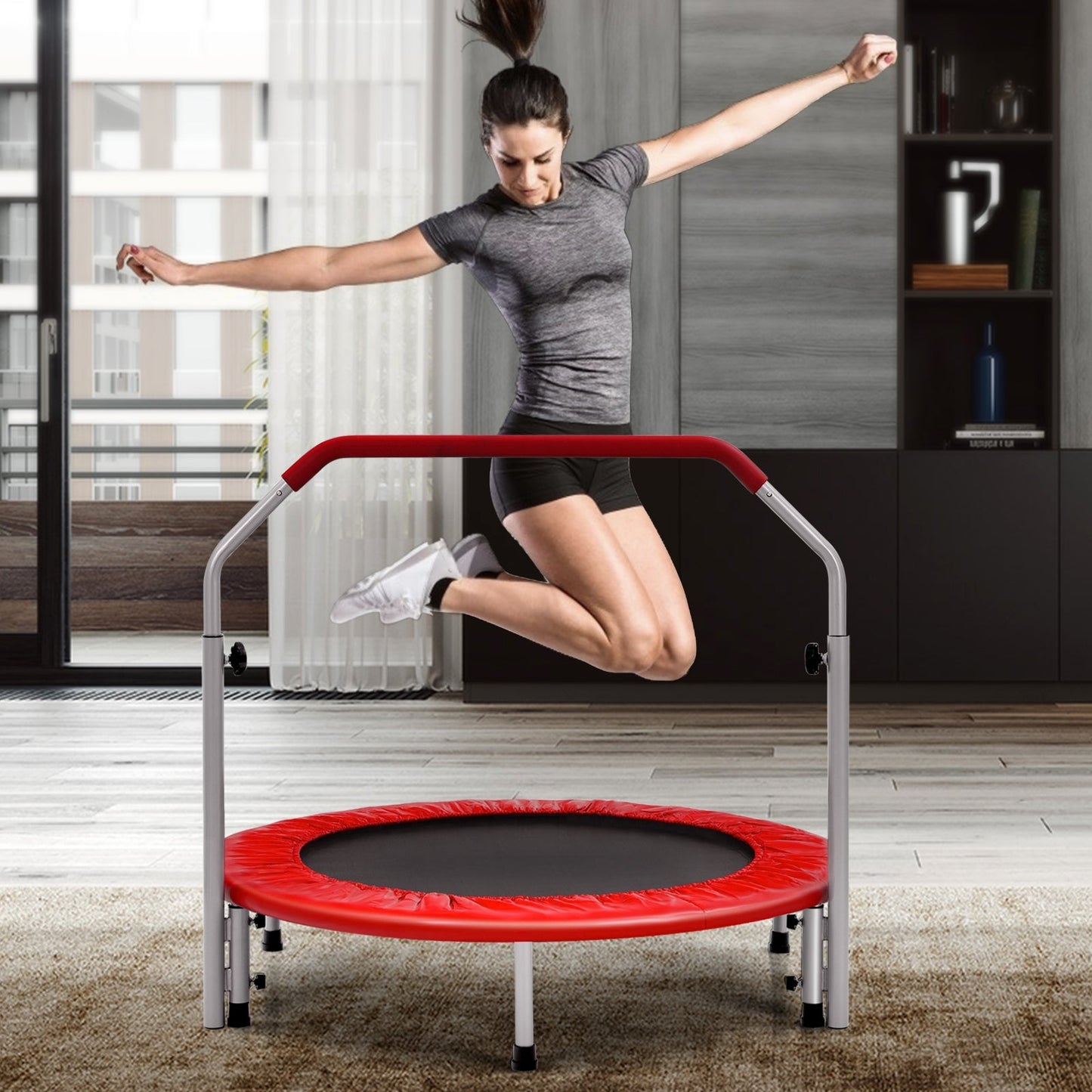 40 Inch Folding Exercise Trampoline Rebounder with 4-Level Handrail Carrying Bag-Red