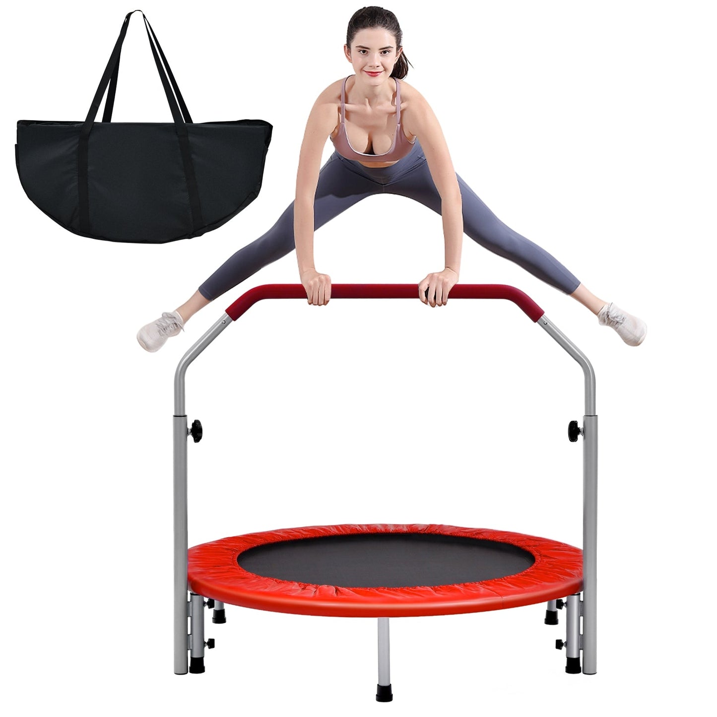 40 Inch Folding Exercise Trampoline Rebounder with 4-Level Handrail Carrying Bag-Red