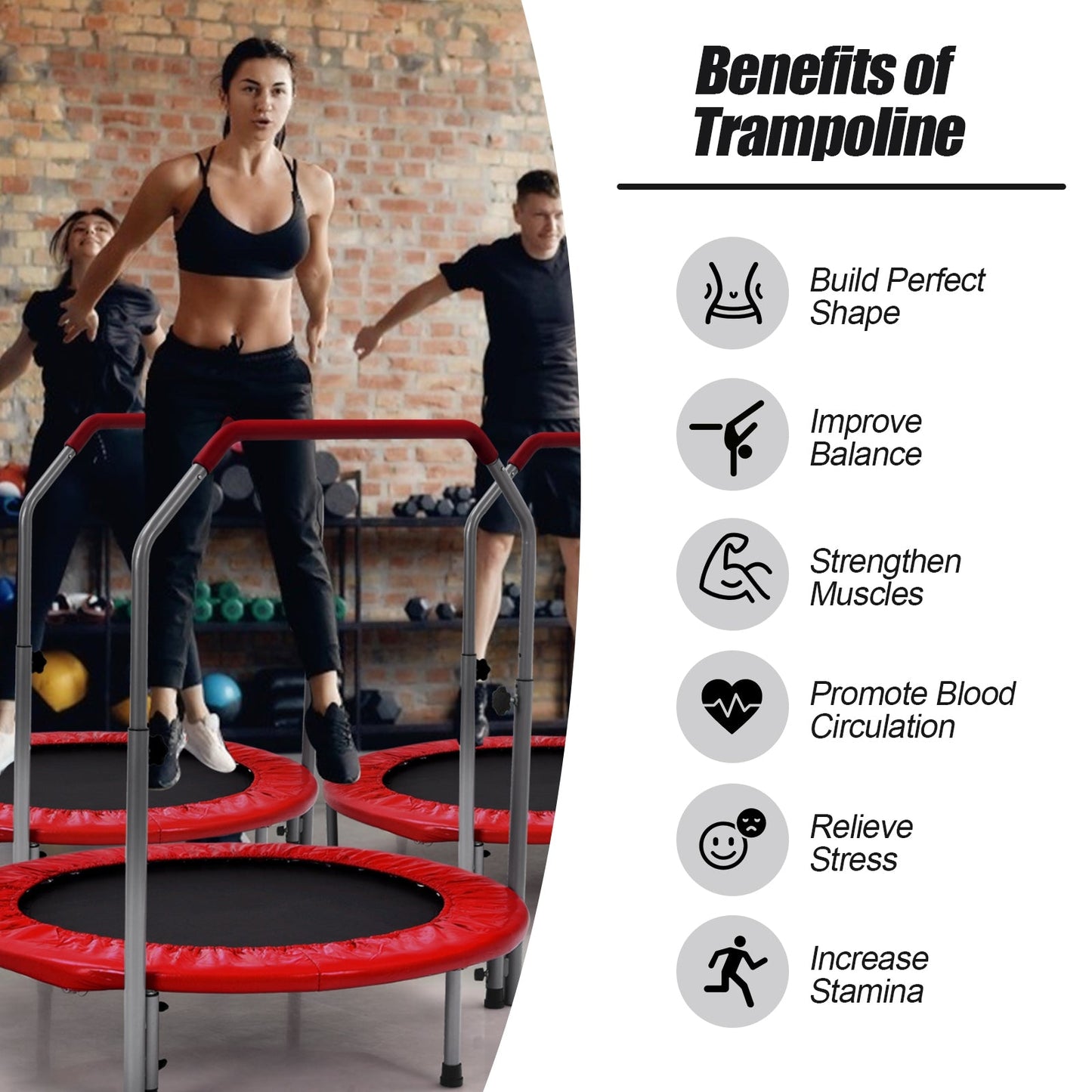 40 Inch Folding Exercise Trampoline Rebounder with 4-Level Handrail Carrying Bag-Red