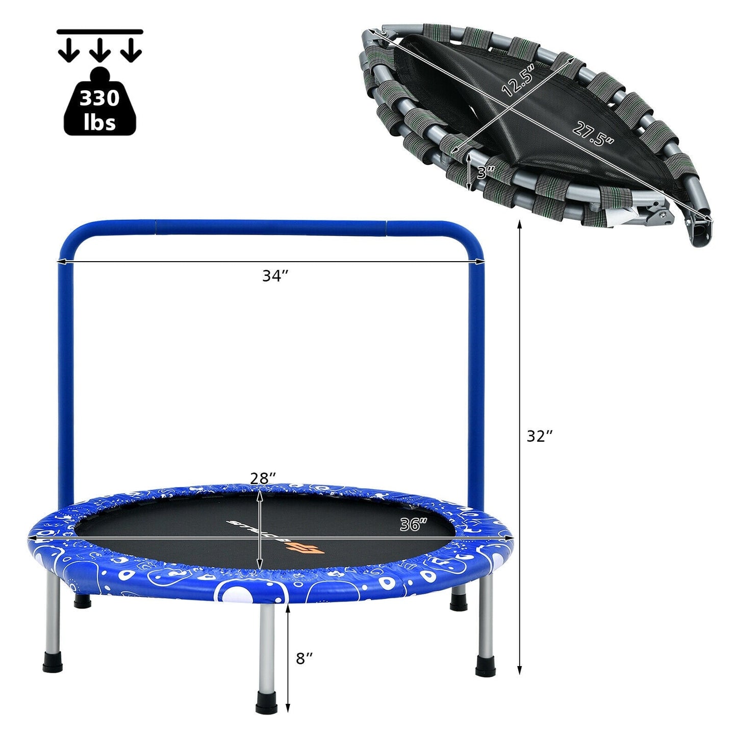 Foldable Kids Trampoline with Handle for Indoor & Outdoor-Blue