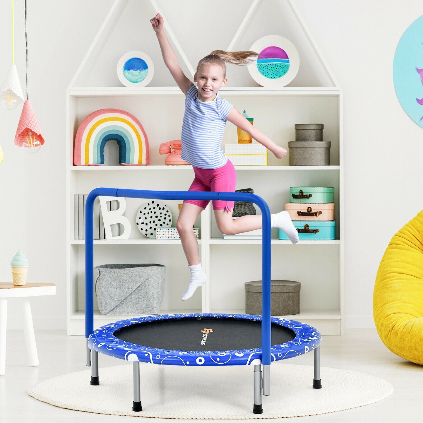 Foldable Kids Trampoline with Handle for Indoor & Outdoor-Blue