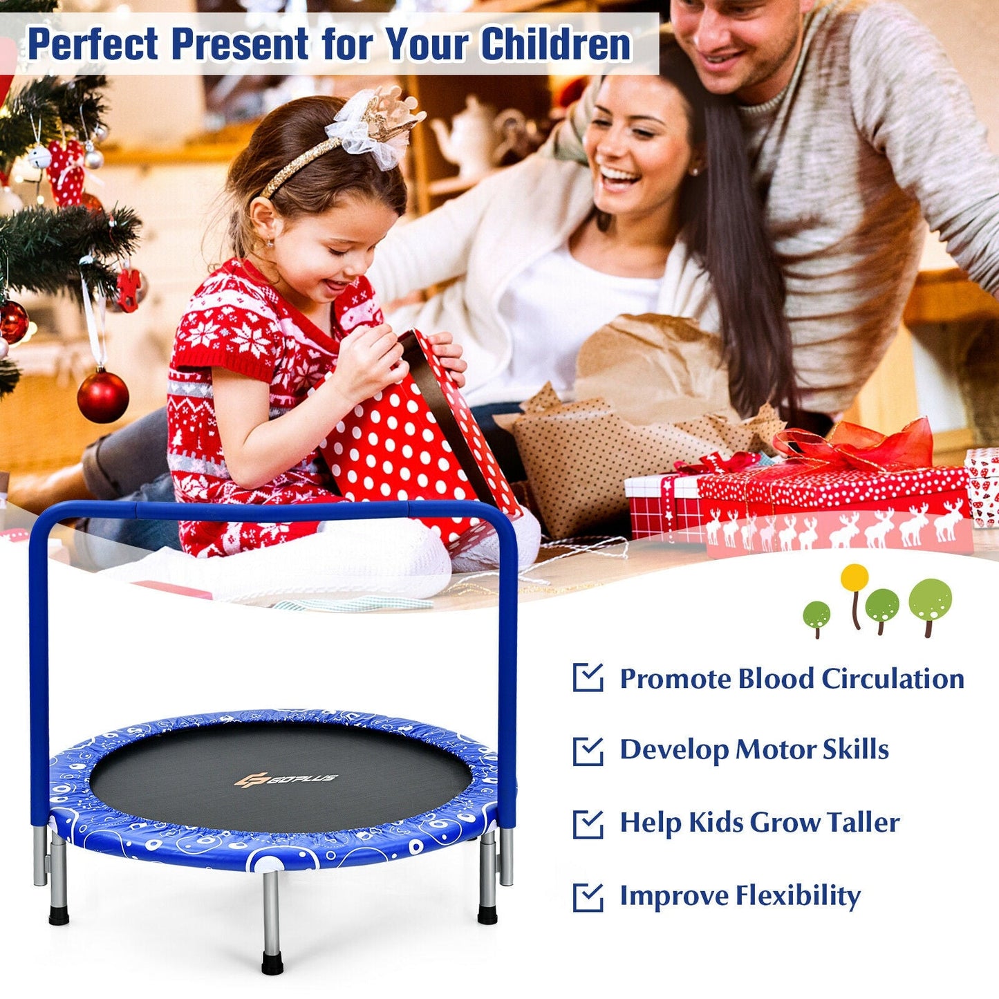Foldable Kids Trampoline with Handle for Indoor & Outdoor-Blue