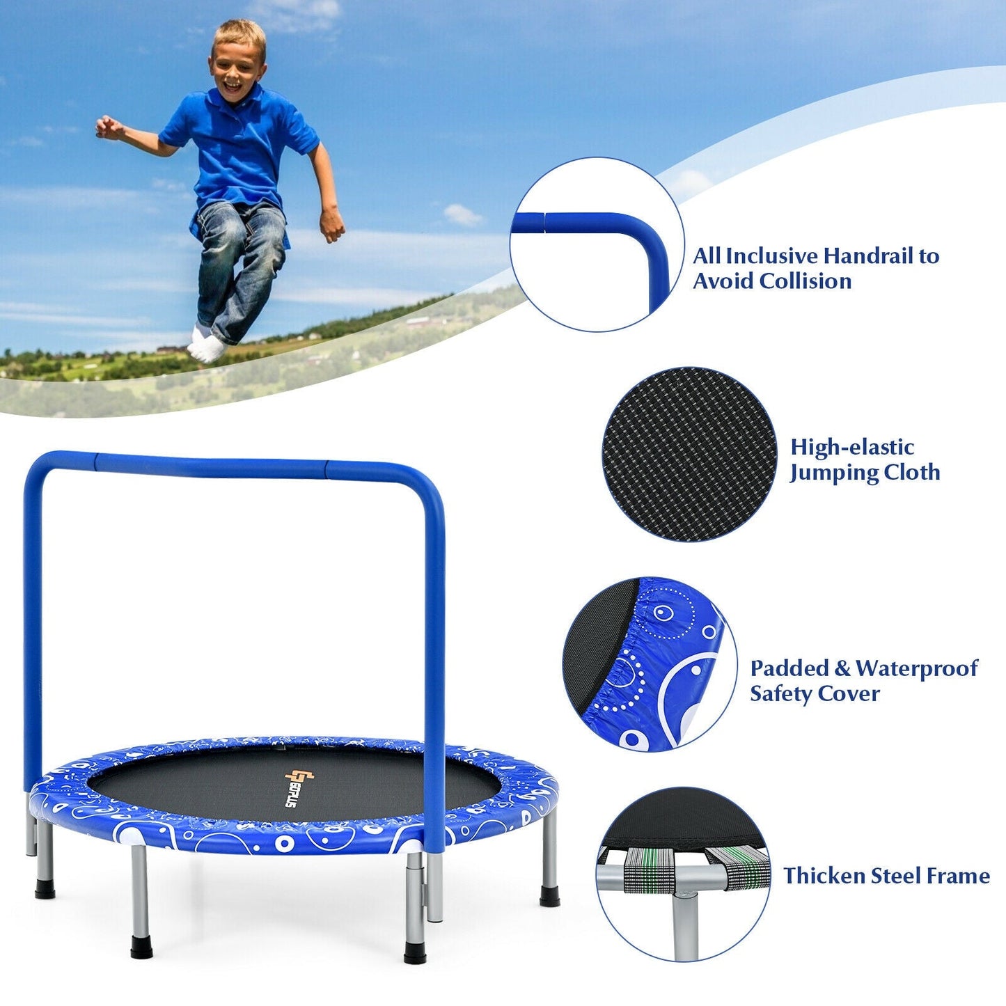 Foldable Kids Trampoline with Handle for Indoor & Outdoor-Blue