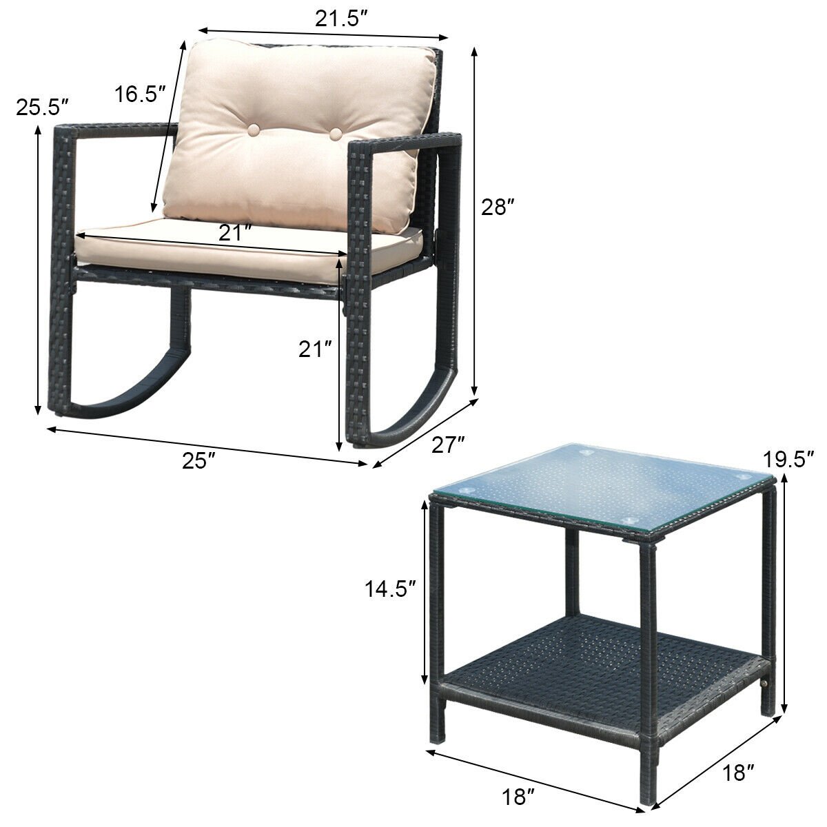 3 Pieces Outdoor Rocking Bistro Set for Garden, Backyard & Poolside-Beige