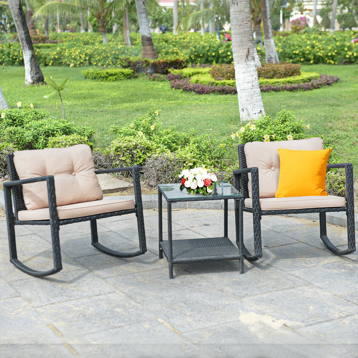 3 Pieces Outdoor Rocking Bistro Set for Garden, Backyard & Poolside-Beige