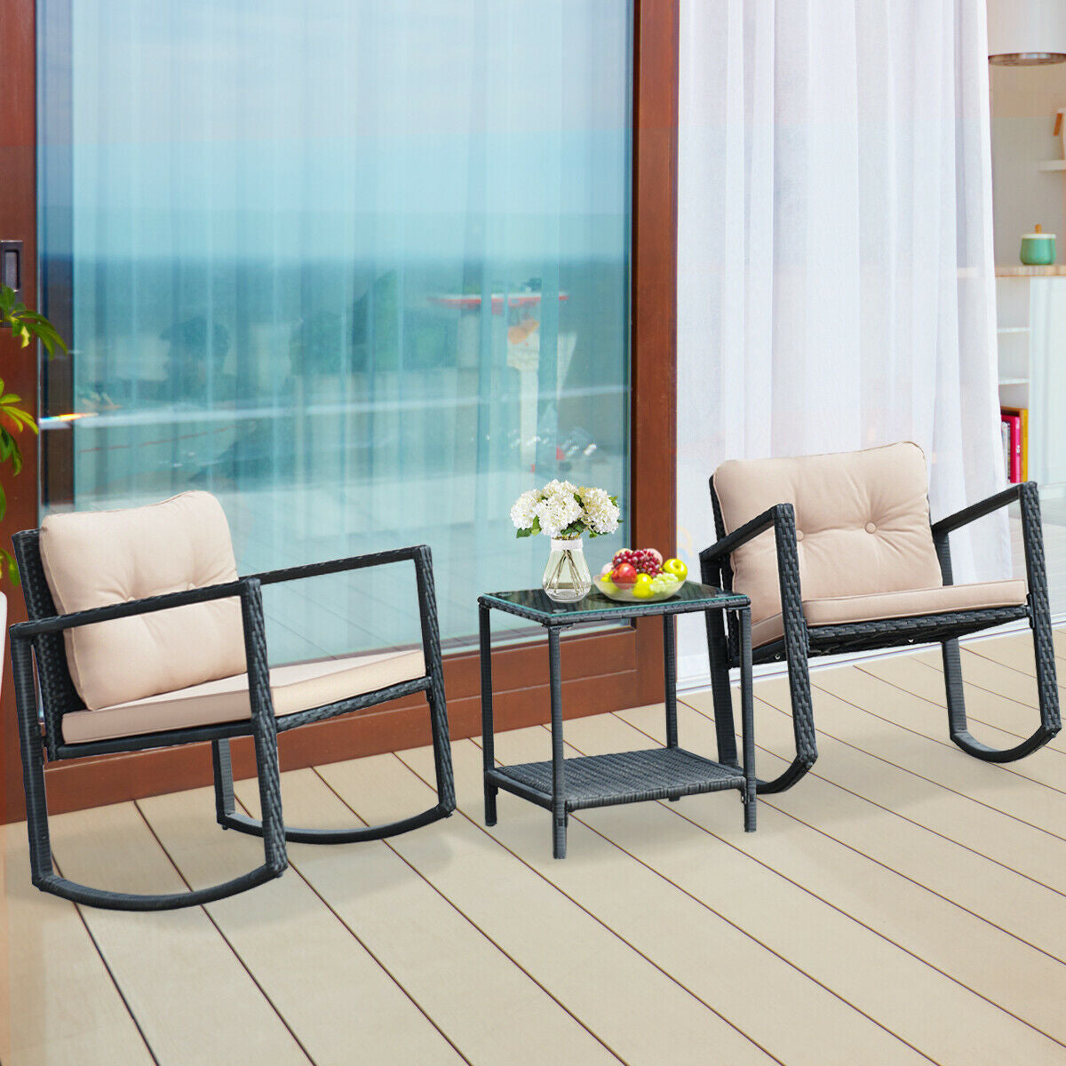 3 Pieces Outdoor Rocking Bistro Set for Garden, Backyard & Poolside-Beige