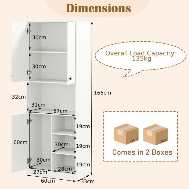 166 CM Kitchen Pantry Storage Cabinet Microwave Stand-White