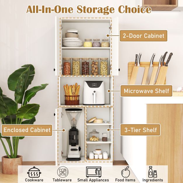 166 CM Kitchen Pantry Storage Cabinet Microwave Stand-White