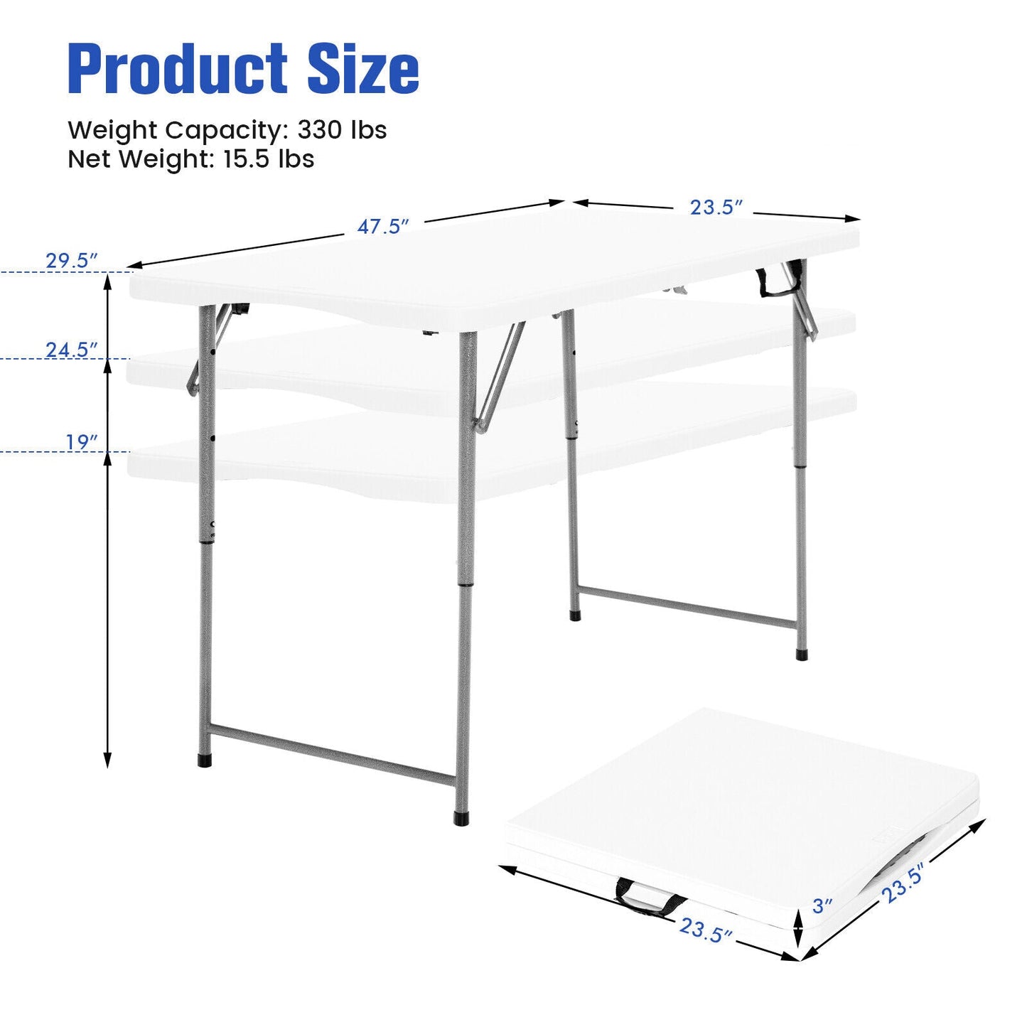 120cm Portable Bi-fold Camping Table with 3-Level Height Adjustment & 150kg Load Capacity