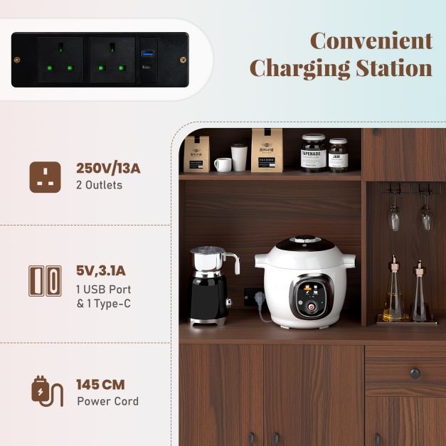 167cm Tall Pantry Cabinet with Hutch and Power Outlets-Walnut