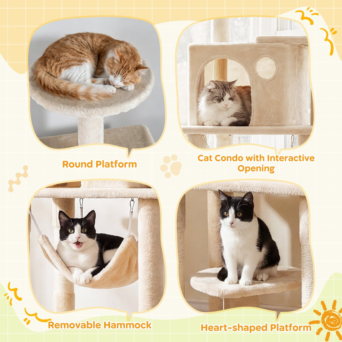 168 cm Tall Multi-Level Cat Tree with 2 Perches and Hammock-Beige