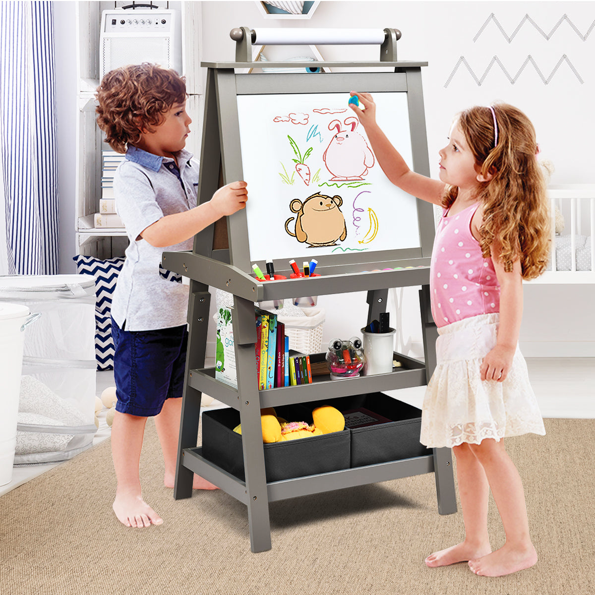 Children's Double-sided Easel with Whiteboard and Chalkboard