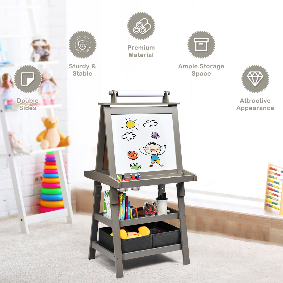 Children's Double-sided Easel with Whiteboard and Chalkboard