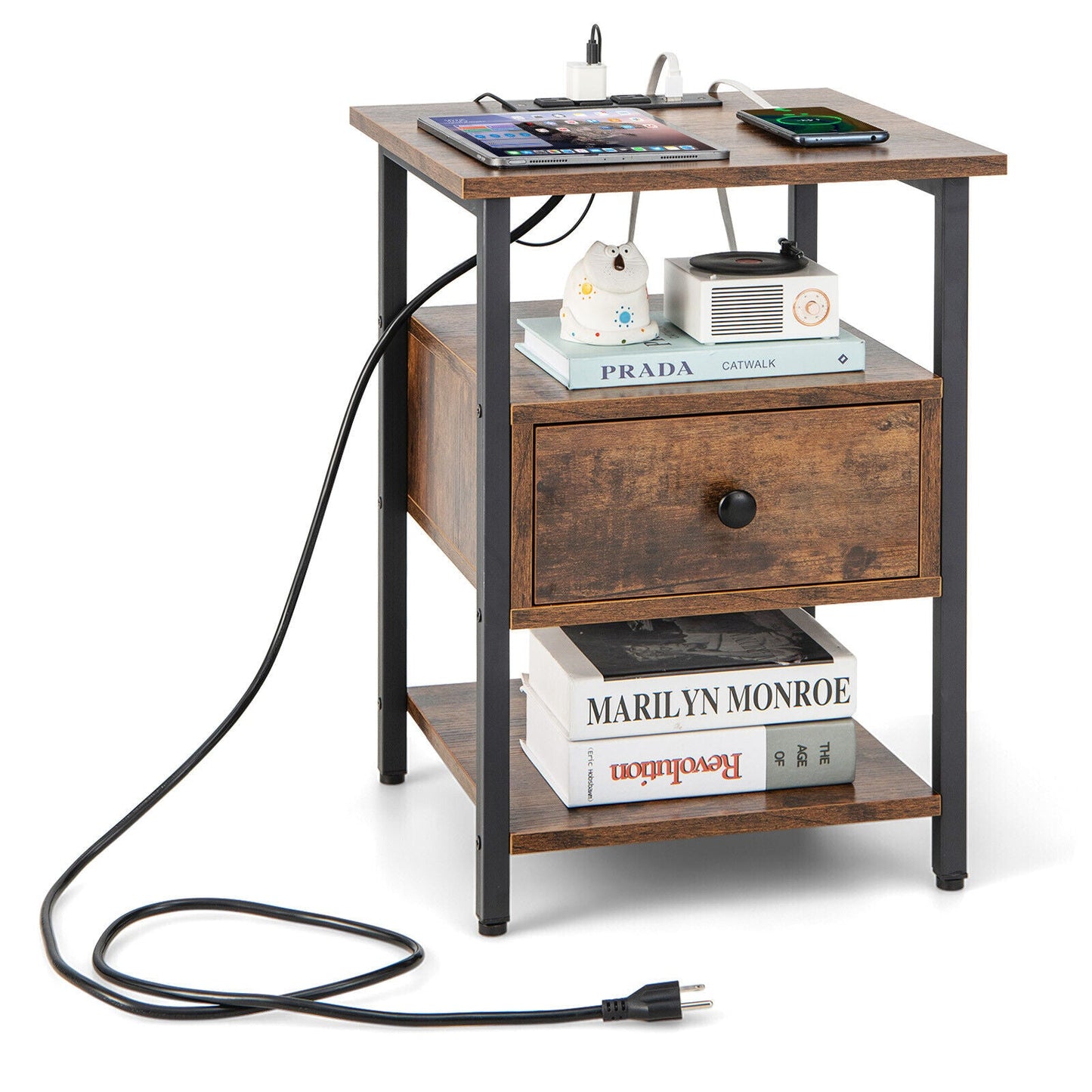 1/2 Pieces 3-Tier Nightstand with Charging Station and Drawer-1 Piece