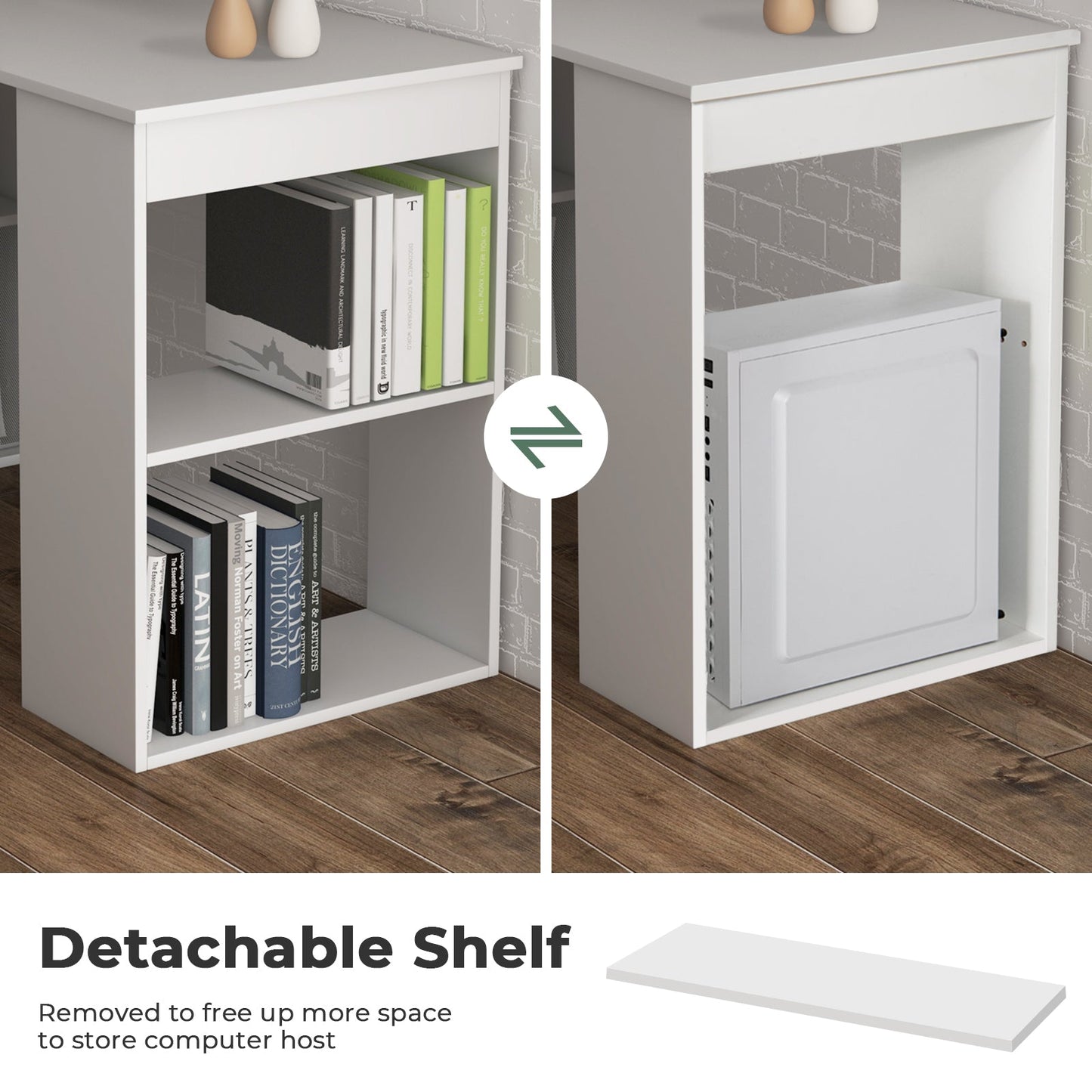 Modern 3-in-1 Wooden Computer Desk with 6-Tier Storage Bookshelves-White