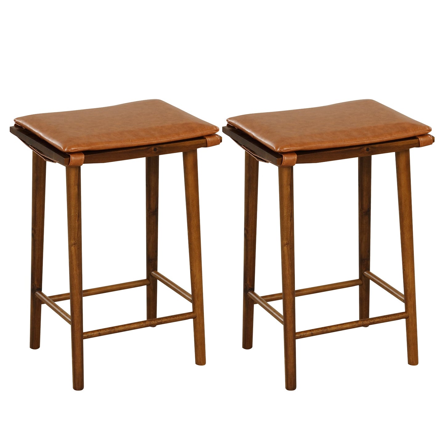Set of 2 Saddle Barstool with Removable PU Leather Cushion and Footrest