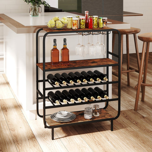 Freestanding Floor 5-Tier Wine Shelf with Glass Holders-Rustic Brown