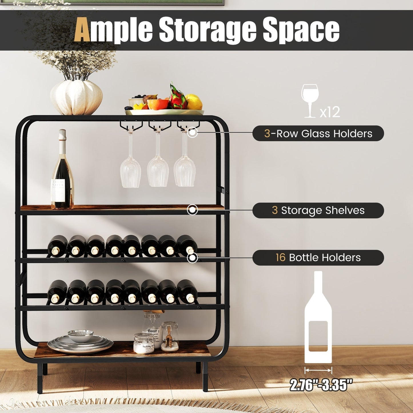 Freestanding Floor 5-Tier Wine Shelf with Glass Holders-Rustic Brown