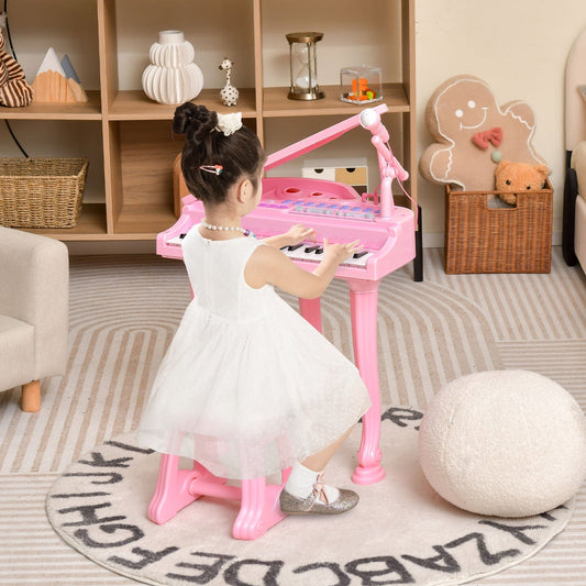 31 Keys Kids Piano Keyboard with Stool, Microphone and Piano Lid-Pink