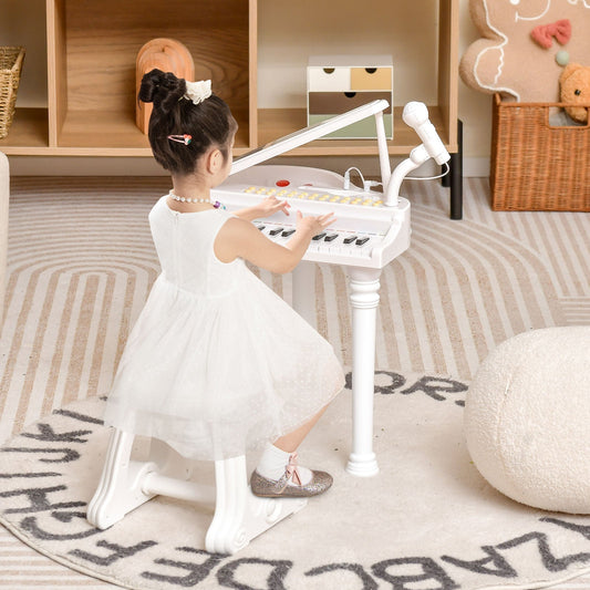 31 Keys Kids Piano Keyboard with Stool, Microphone and Piano Lid-White