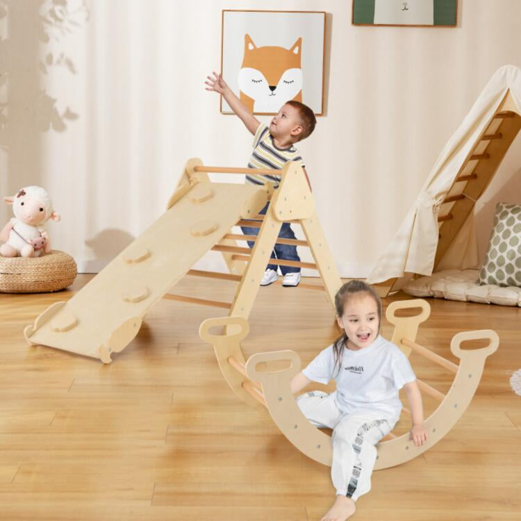 Wooden Kids Climber Toys with Triangle Arch Ramp for Sliding Climbing-Natural
