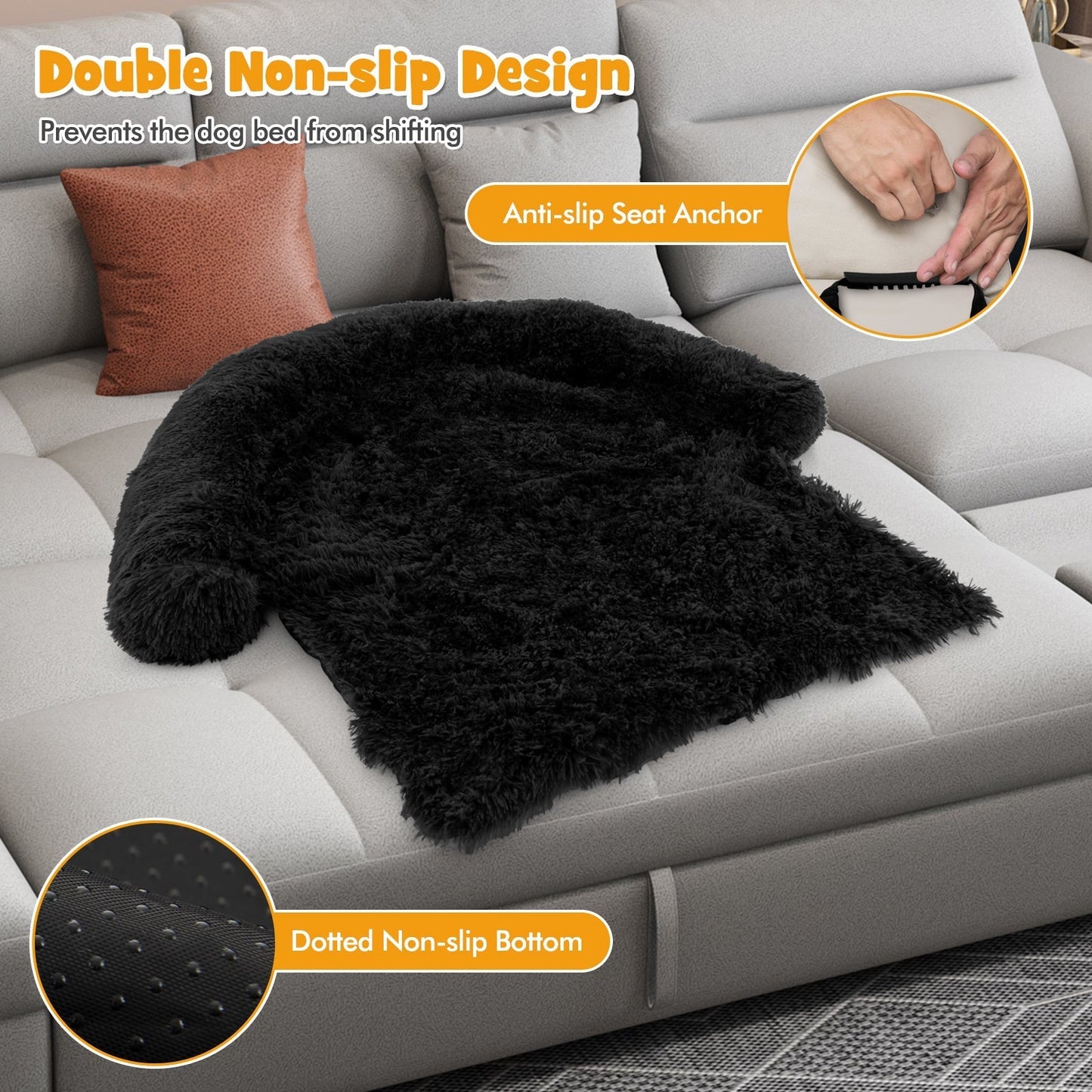 Fluffy Dog Mat Couch Cover Protector with Detachable Washable Cover and Anti-slip Bottom-Black-S