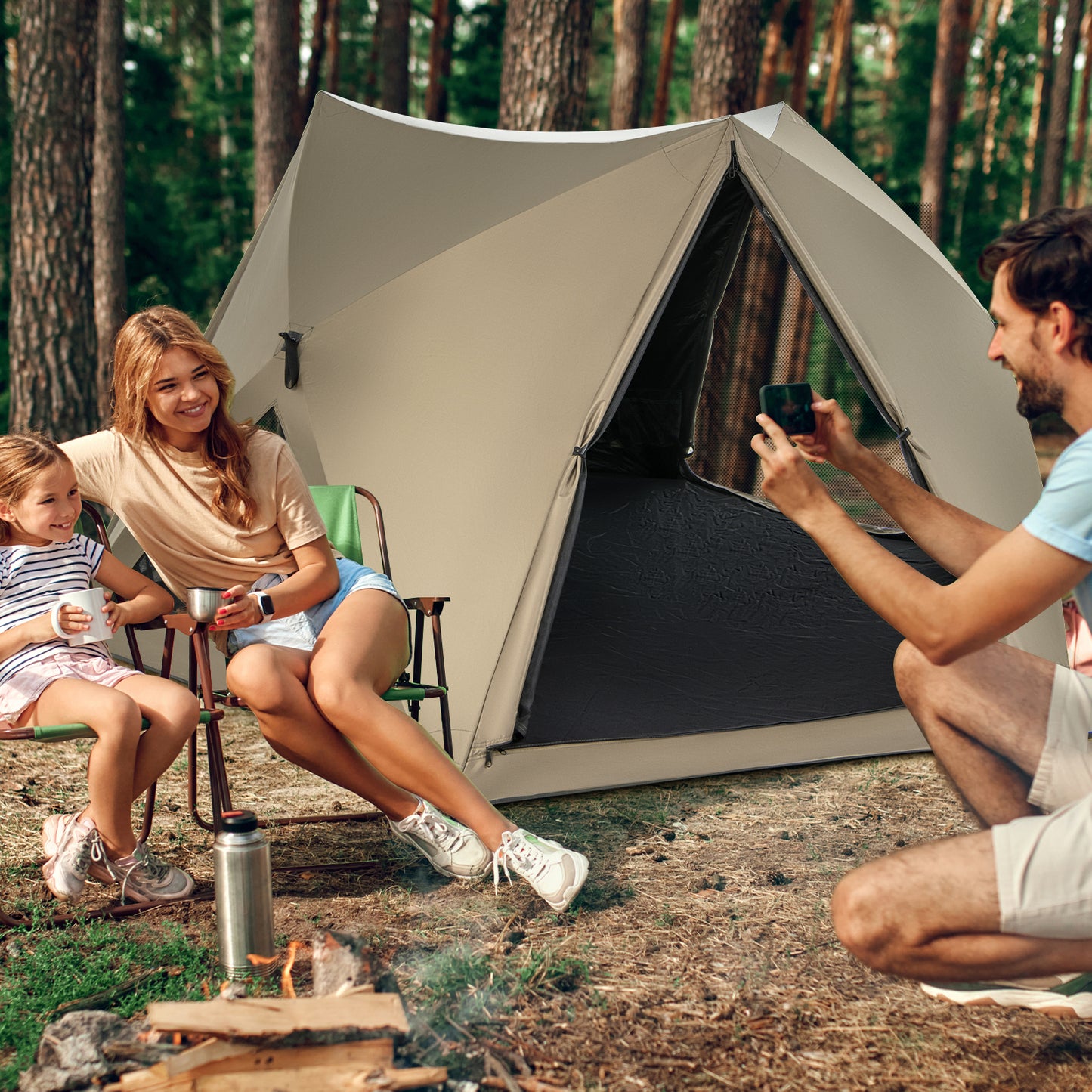 6-Sided Pop-up Family Tent with Rainfly, Skylight, 3 Doors, 3 Windows-Green