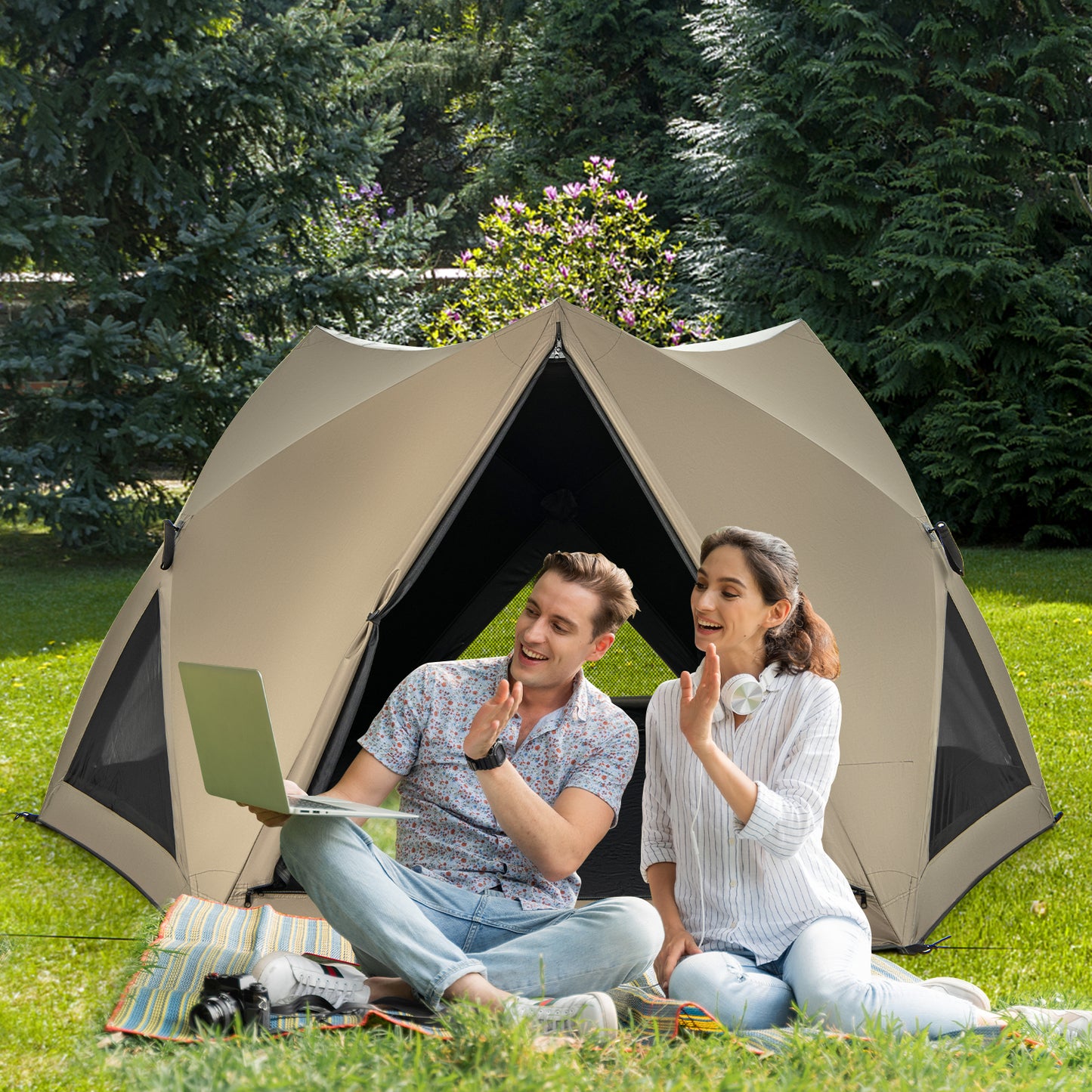 6-Sided Pop-up Family Tent with Rainfly, Skylight, 3 Doors, 3 Windows-Green