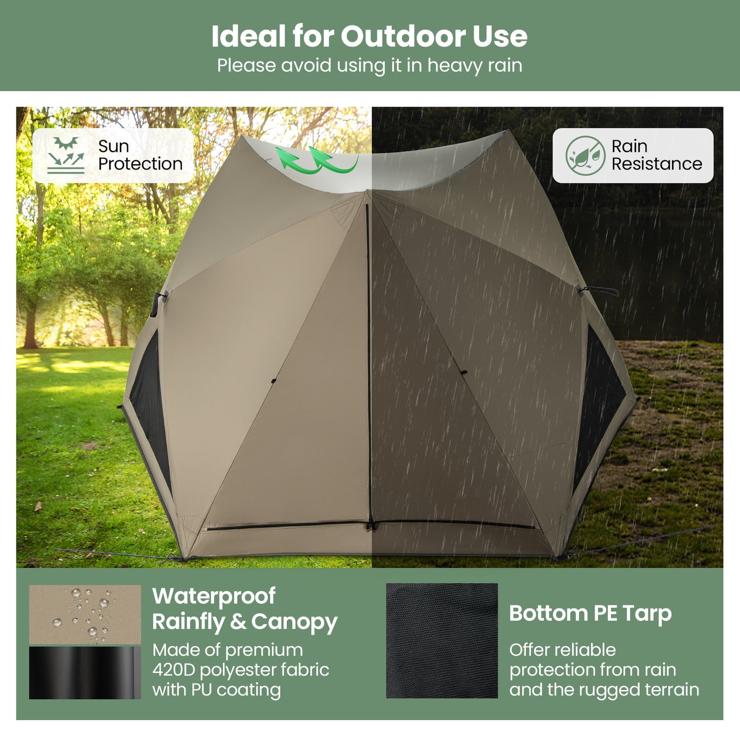 6-Sided Pop-up Family Tent with Rainfly, Skylight, 3 Doors, 3 Windows-Green