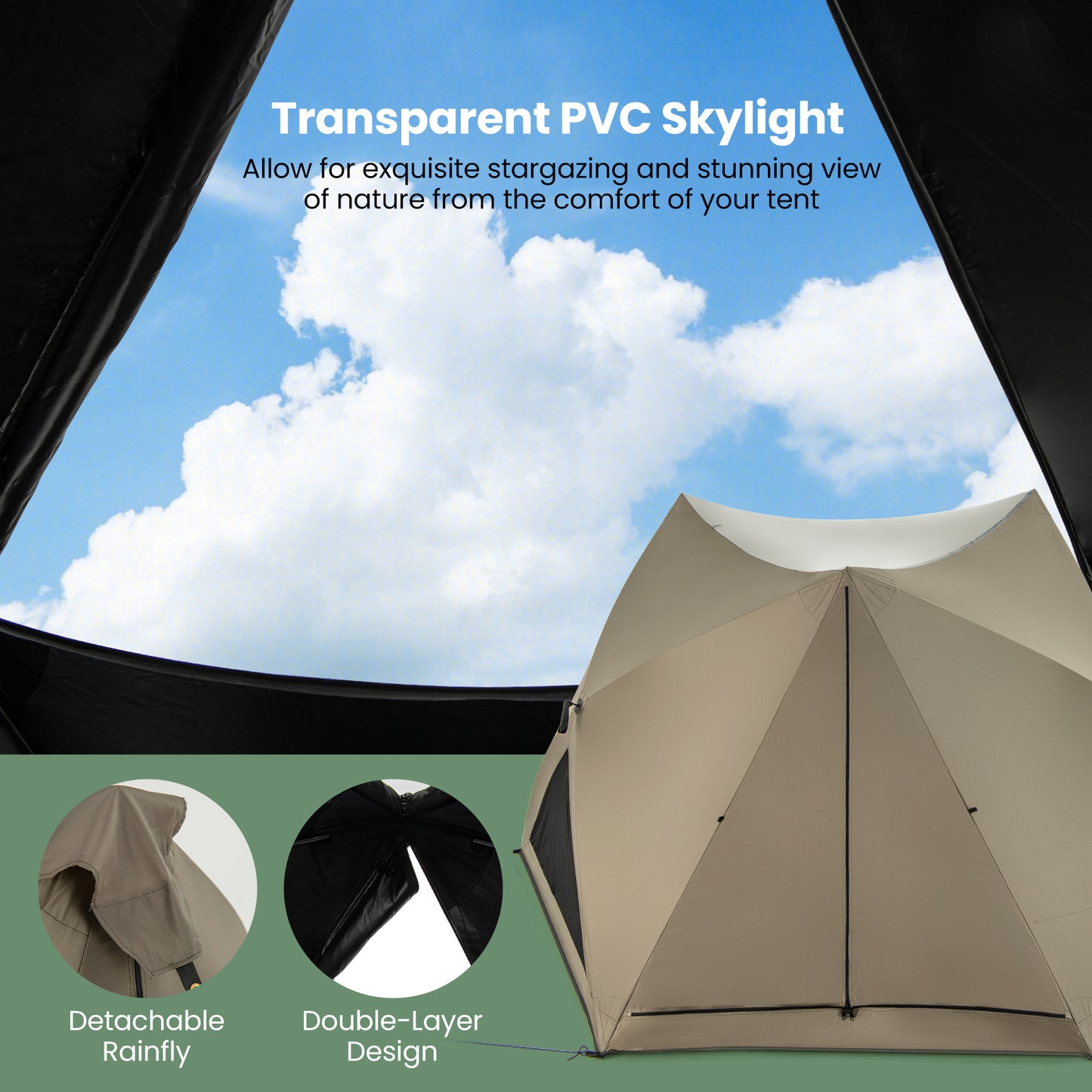 6-Sided Pop-up Family Tent with Rainfly, Skylight, 3 Doors, 3 Windows-Green