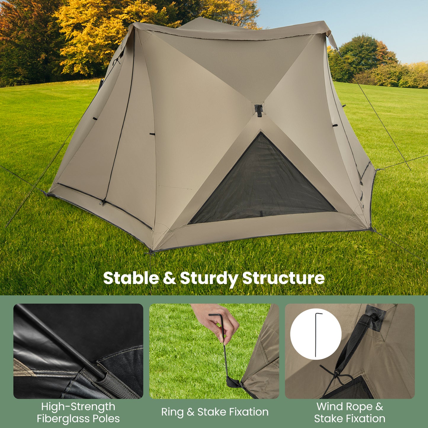 6-Sided Pop-up Family Tent with Rainfly, Skylight, 3 Doors, 3 Windows-Green